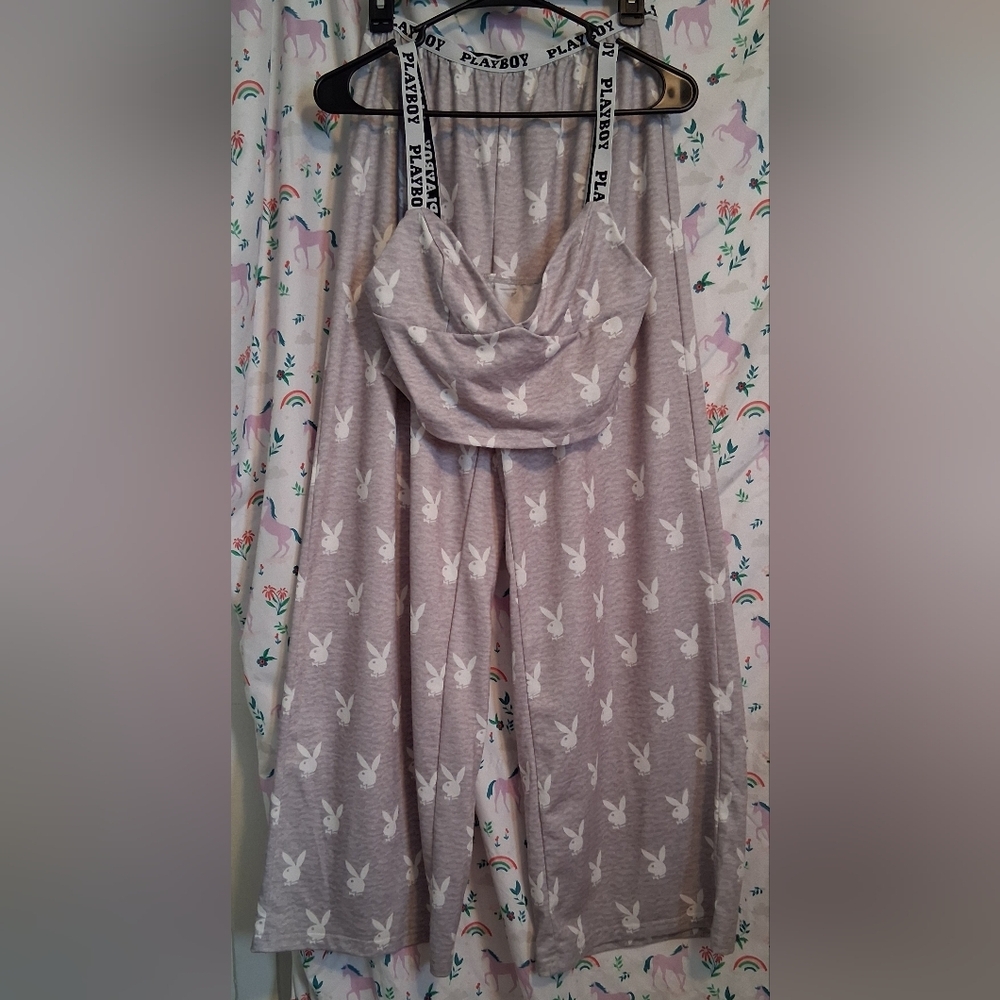 EUC Missguided x Playboy Grey Rabbit Wide Leg Baggy Pajama Pant Bra Set SZ S